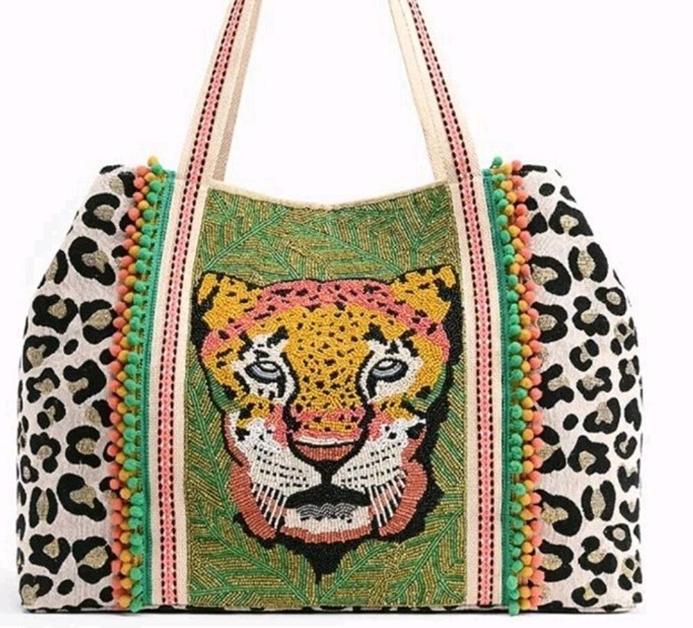 America And Beyond Forestry Leopard Embellished Tote Purse